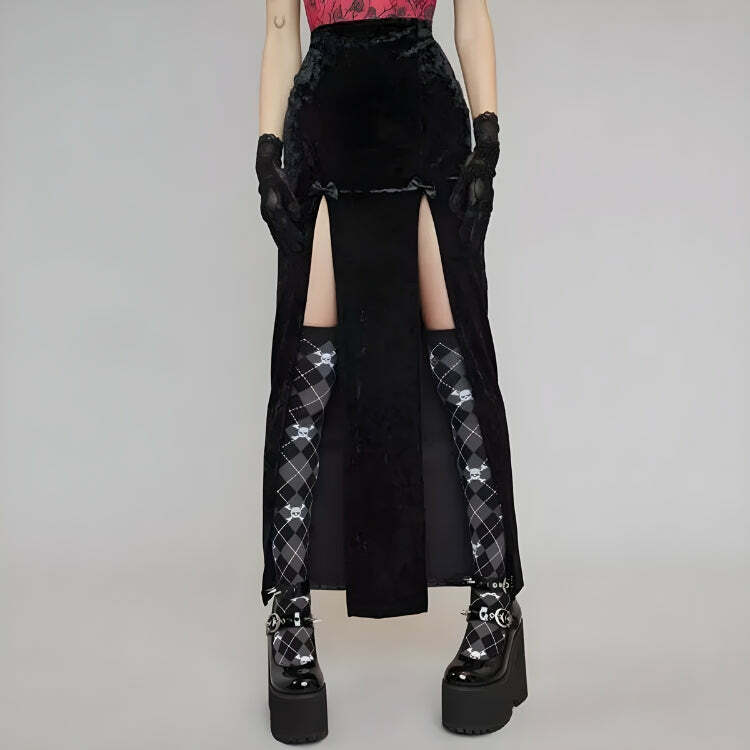 Goth Y2K Velvet High Split Midi Skirt for Grunge Aesthetic Outfits