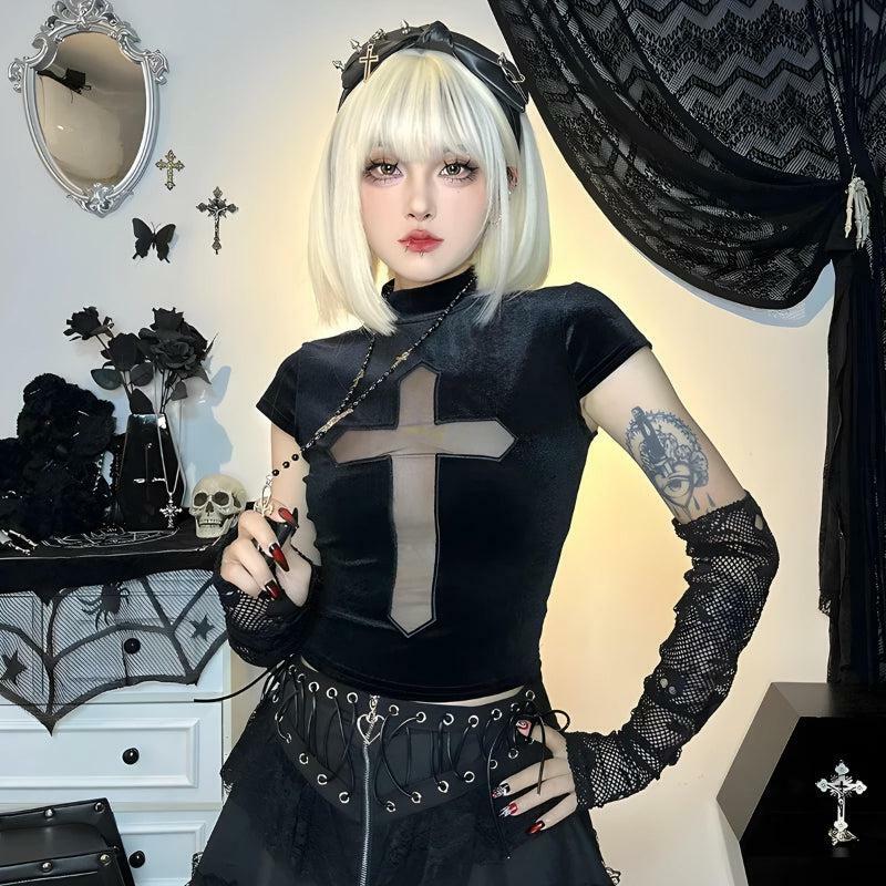 Gothic Cross Cut-Out Velvet Top for Y2K Grunge Aesthetic Outfits