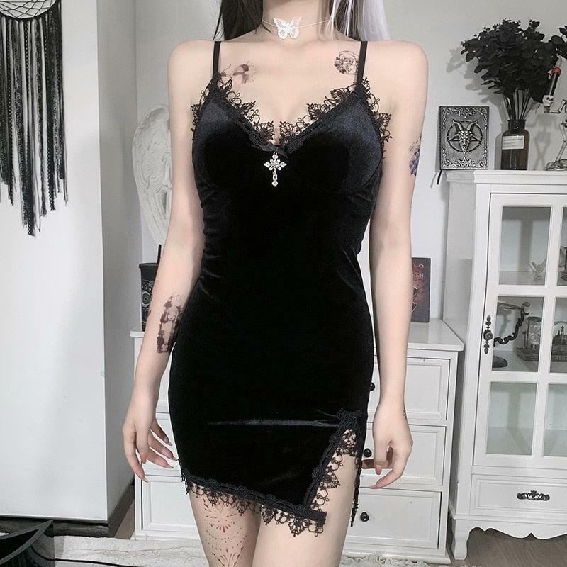 Gothic Cross Detail Mini Dress - Y2K Grunge Aesthetic Summer Style