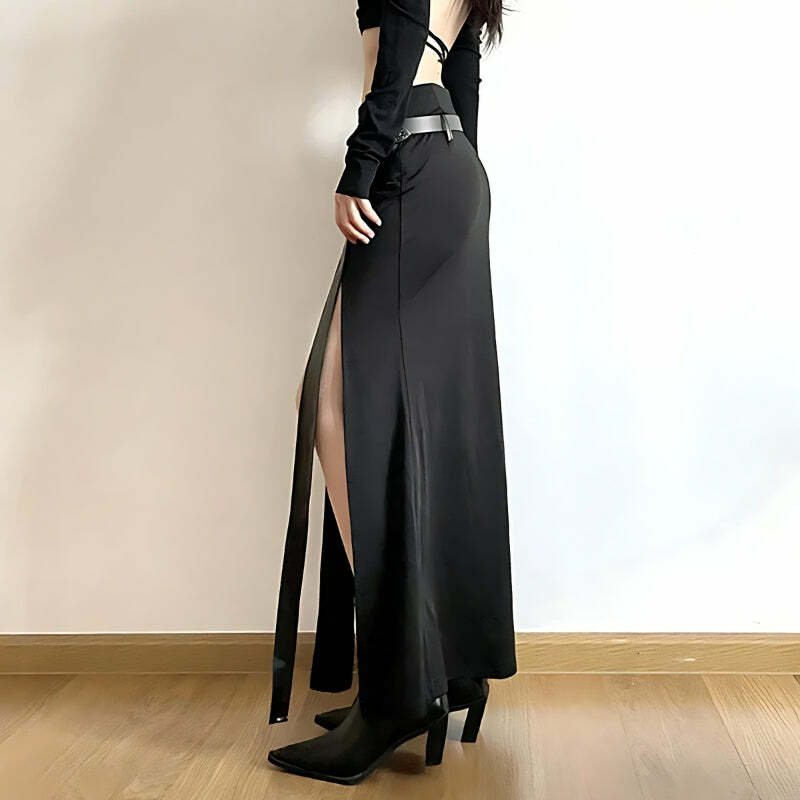 Gothic Double Slit Maxi Skirt - Y2K Grunge Aesthetic Fashion Statement