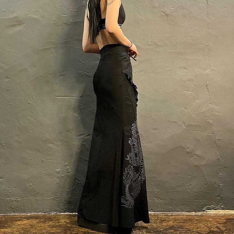 Gothic Dragon Print Maxi Skirt - Y2K Aesthetic Summer Outfit Essential