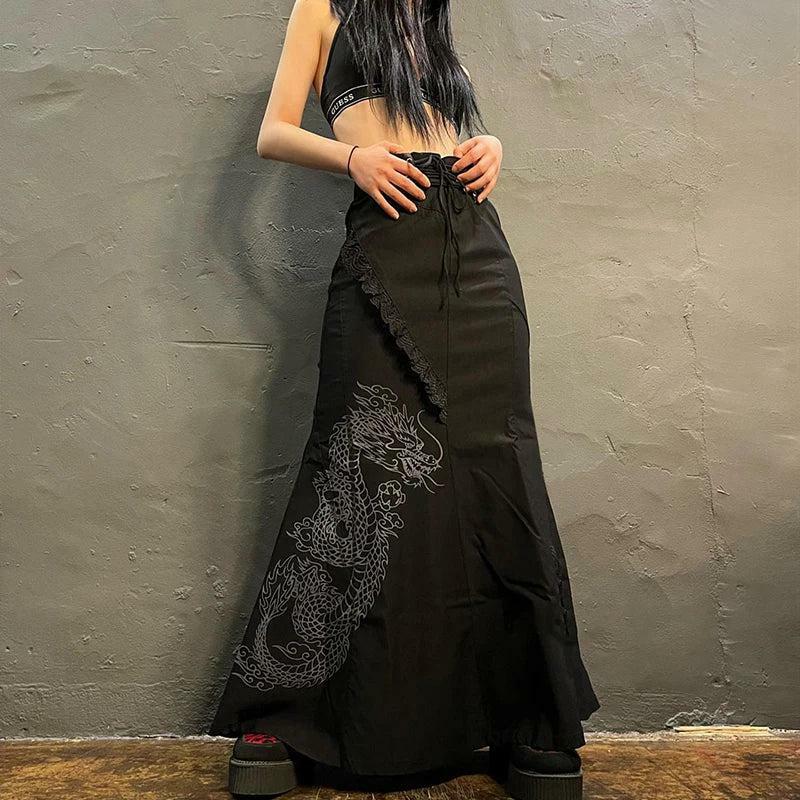 Gothic Dragon Print Maxi Skirt - Y2K Aesthetic Summer Outfit Essential