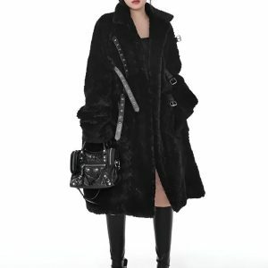 Gothic Faux Fur Fluffy Long Jacket for Y2K and Grunge Aesthetic Styles