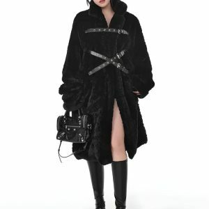 Gothic Faux Fur Fluffy Long Jacket for Y2K and Grunge Aesthetic Styles