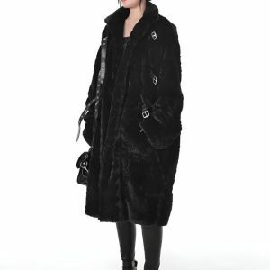 Gothic Faux Fur Fluffy Long Jacket for Y2K and Grunge Aesthetic Styles