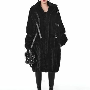 Gothic Faux Fur Fluffy Long Jacket for Y2K and Grunge Aesthetic Styles