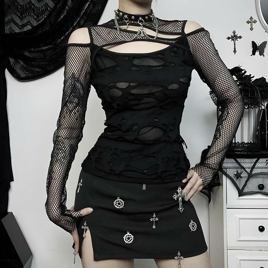 Gothic Fishnet Ripped Top for Grunge Aesthetic Y2K Fashion Lovers