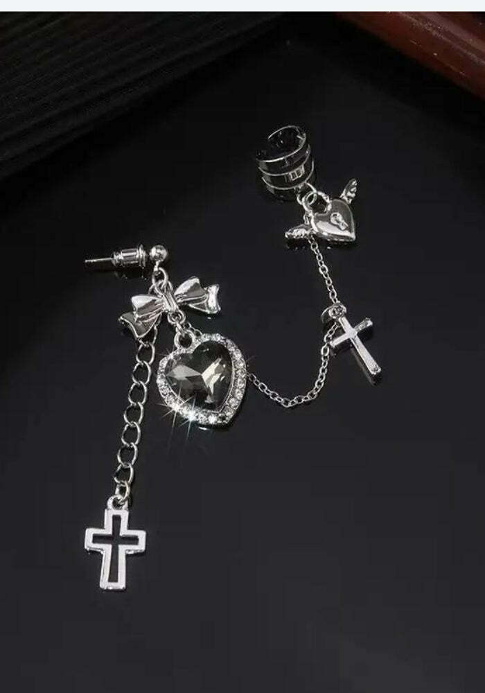 Gothic Heart Cross Chain Earrings for Y2K and Grunge Aesthetic Styles