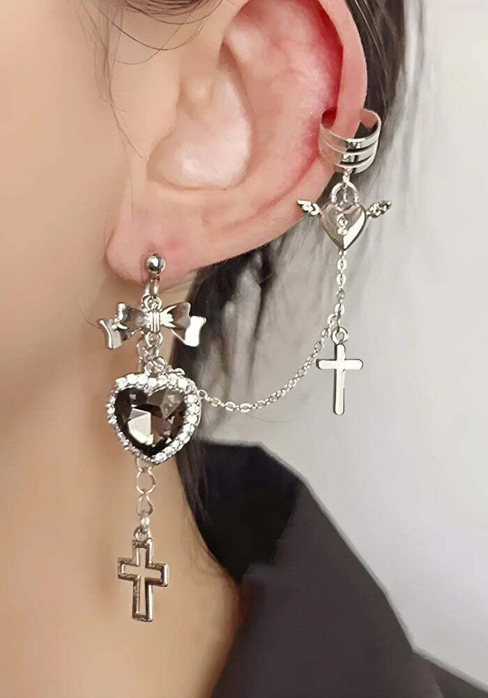 Gothic Heart Cross Chain Earrings for Y2K and Grunge Aesthetic Styles