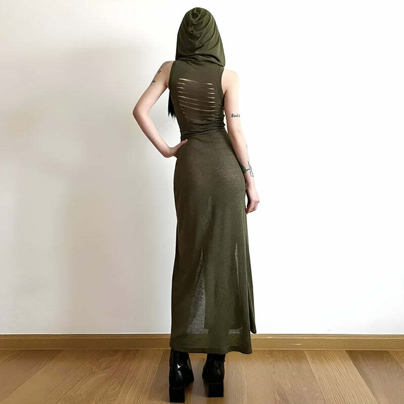 Gothic Hooded Cut-Out Back Midi Dress for Y2K and Grunge Aesthetic