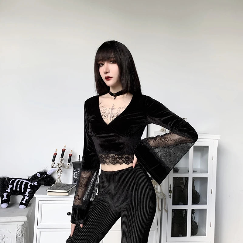 Gothic Lace Flare Cuffs Crop Top - Y2K Grunge Aesthetic Fashion Piece