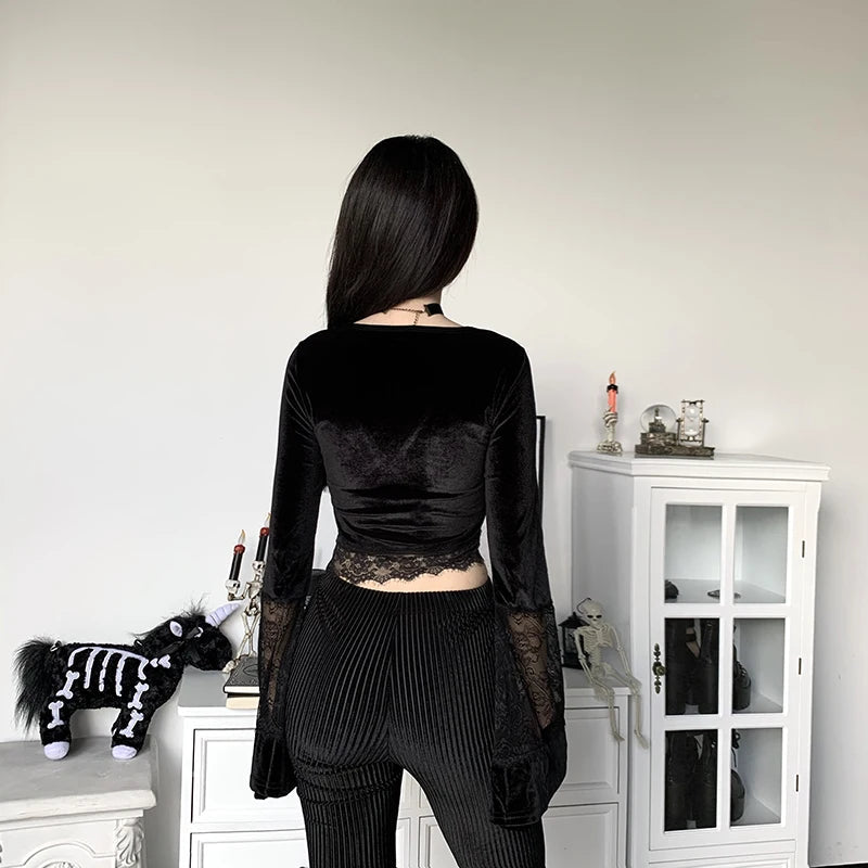 Gothic Lace Flare Cuffs Crop Top - Y2K Grunge Aesthetic Fashion Piece