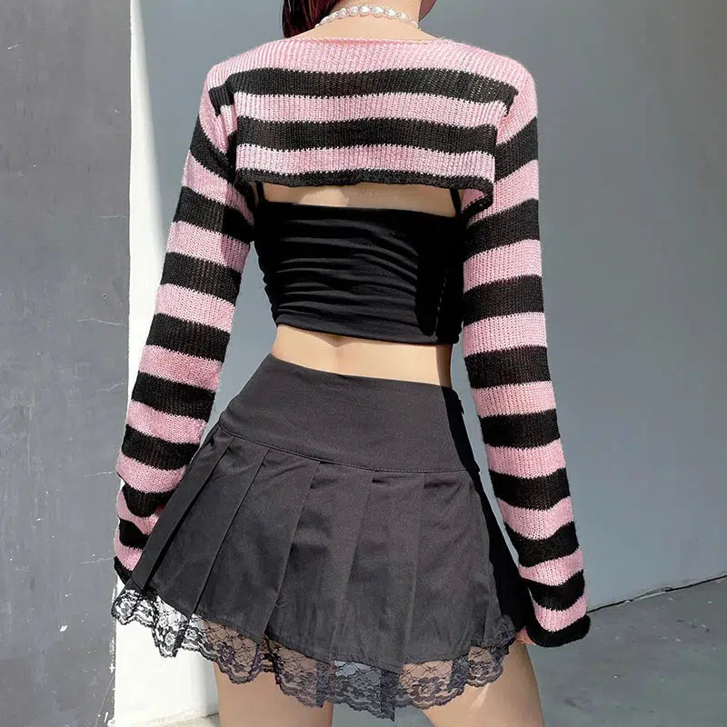 Gothic Striped Knitted Shrug Sweater for Y2K and Grunge Aesthetic Outfits