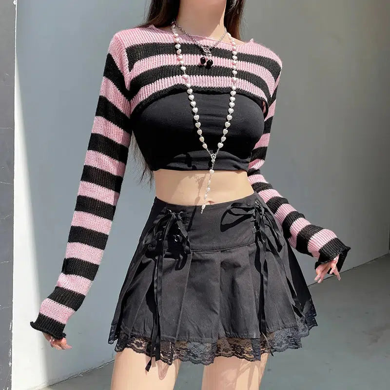 Gothic Striped Knitted Shrug Sweater for Y2K and Grunge Aesthetic Outfits