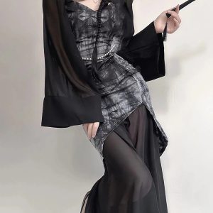 Gothic Wide Sleeve Qipao Midi Dress - Y2K Fashion Meets Grunge Aesthetic