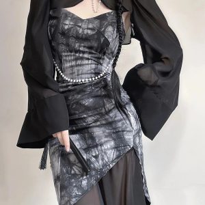 Gothic Wide Sleeve Qipao Midi Dress - Y2K Fashion Meets Grunge Aesthetic