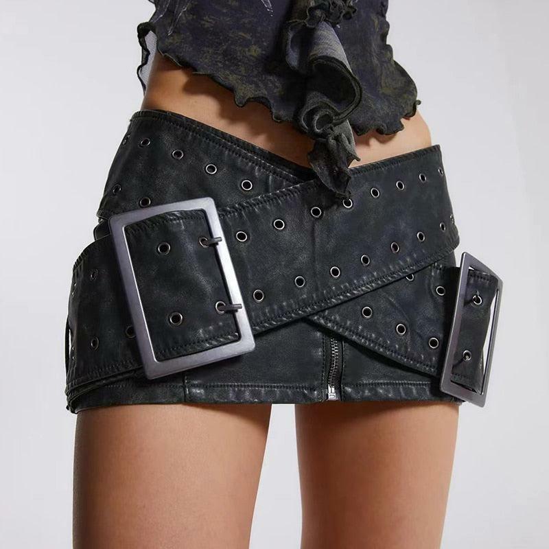 Grunge Aesthetic Cross Belt Faux Leather Mini Skirt for Y2K Style