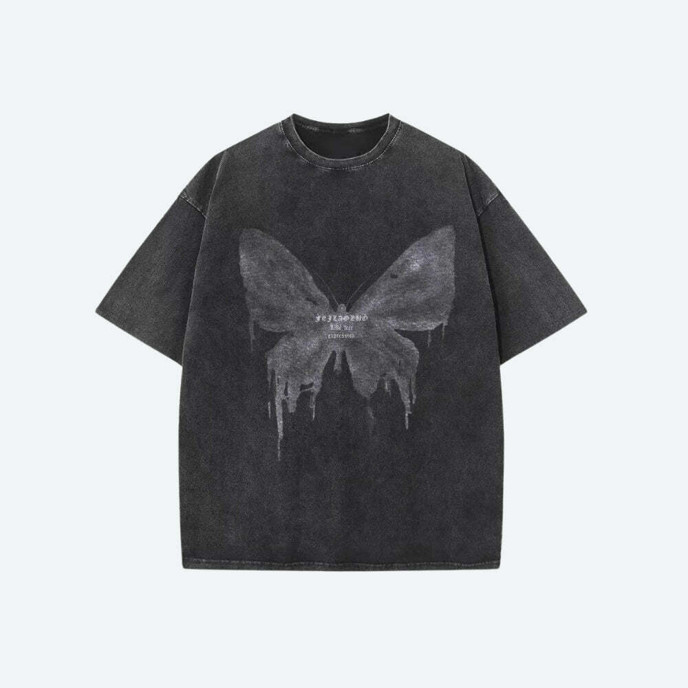 Grunge Distressed Butterfly Tee - Y2K Aesthetic Summer Outfit Essential