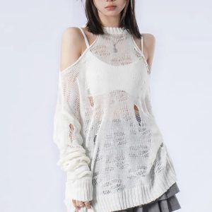 Grunge Distressed Cut-Out Knit Sweater for Y2K Aesthetic Outfits