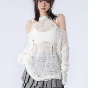 Grunge Distressed Cut-Out Knit Sweater for Y2K Aesthetic Outfits