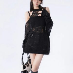 Grunge Distressed Cut-Out Knit Sweater for Y2K Aesthetic Outfits