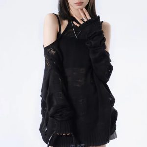 Grunge Distressed Cut-Out Knit Sweater for Y2K Aesthetic Outfits