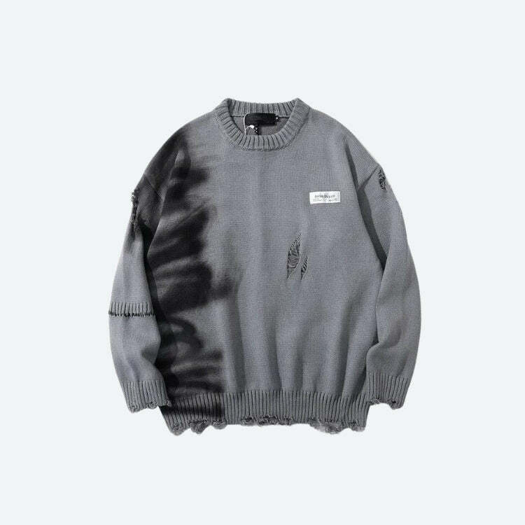 Grunge Distressed Knitted Sweater with Spray Paint Aesthetic