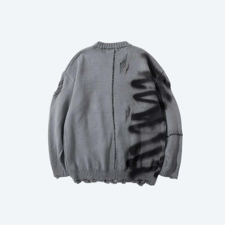 Grunge Distressed Knitted Sweater with Spray Paint Aesthetic