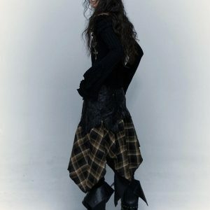 Grunge Faux Leather Plaid Midi Skirt for Y2K and 90s Fashion Lovers