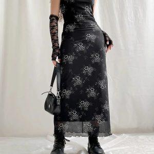 Grunge Floral Mesh Midi Dress: Y2K Aesthetic Summer Outfit Essential