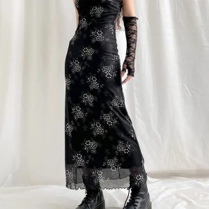 Grunge Floral Mesh Midi Dress: Y2K Aesthetic Summer Outfit Essential