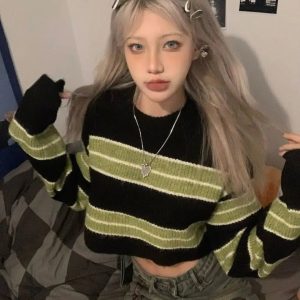 Grunge Green Striped Crop Sweater - Y2K Fashion Essential for Aesthetic Outfits