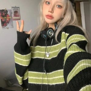 Grunge Green Striped Crop Sweater - Y2K Fashion Essential for Aesthetic Outfits