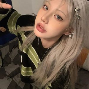 Grunge Green Striped Crop Sweater - Y2K Fashion Essential for Aesthetic Outfits