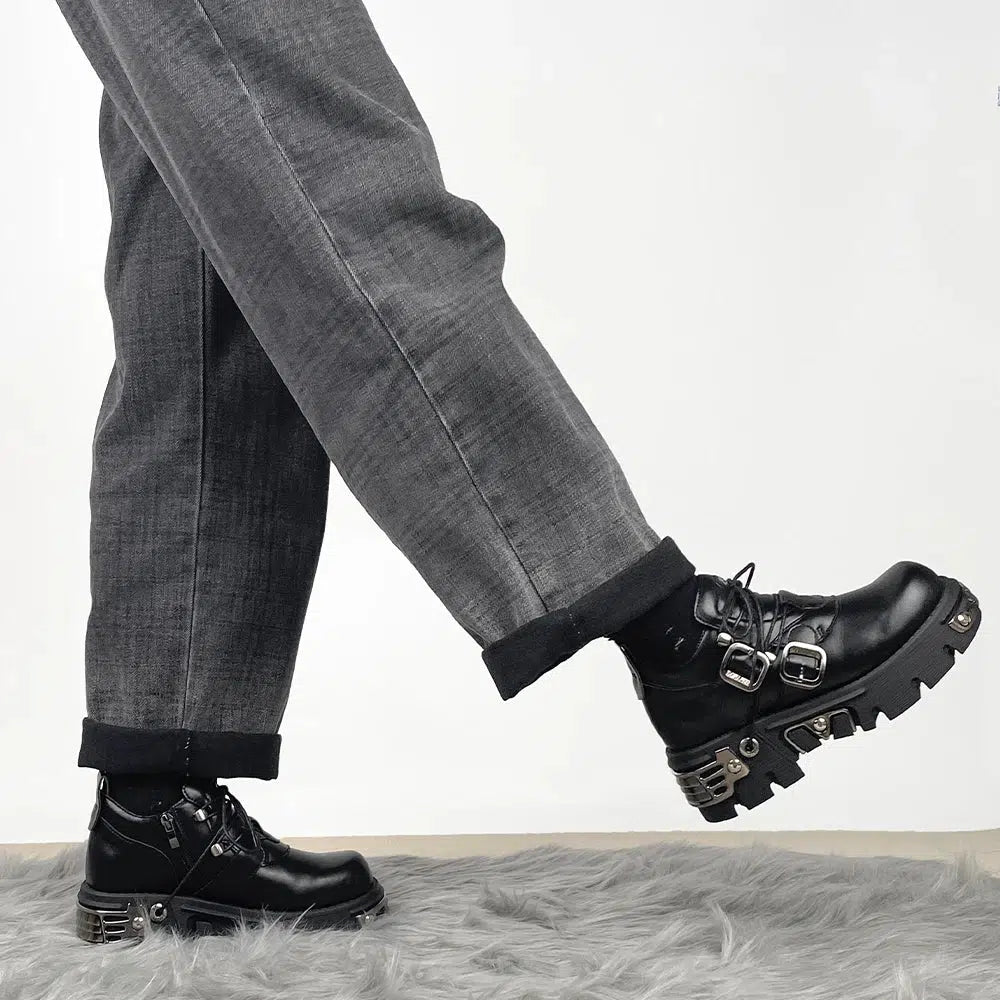 Grunge-Inspired Belted Lace-Up Platform Boots for Y2K Fashion Lovers