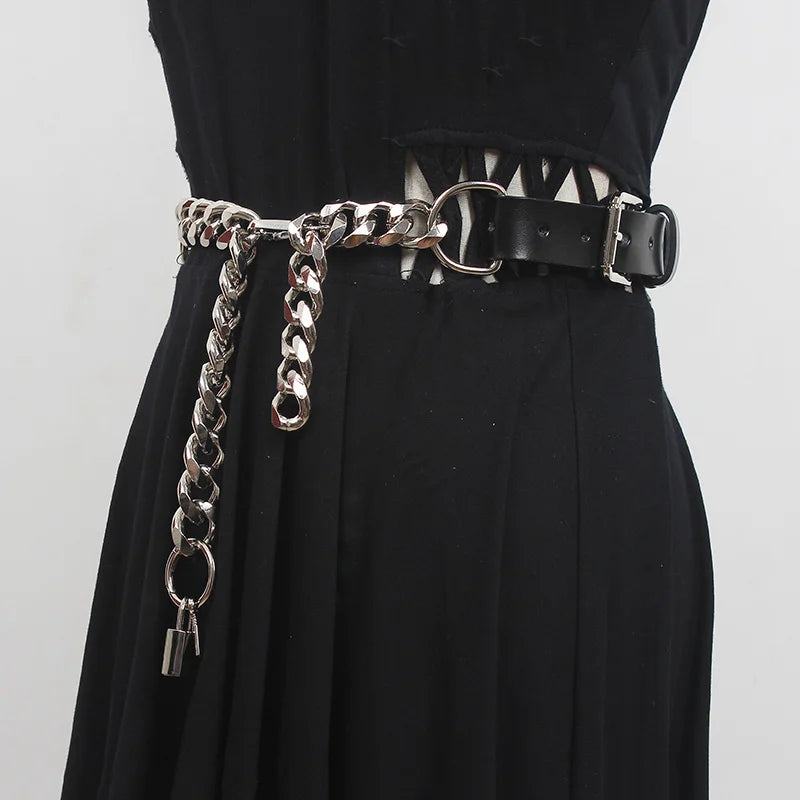 Grunge-Inspired Faux Leather Chain Belt for Y2K and 90s Fashion Lovers