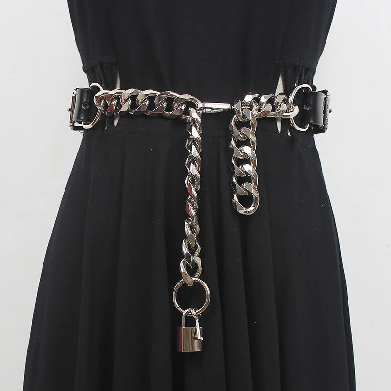 Grunge-Inspired Faux Leather Chain Belt for Y2K and 90s Fashion Lovers