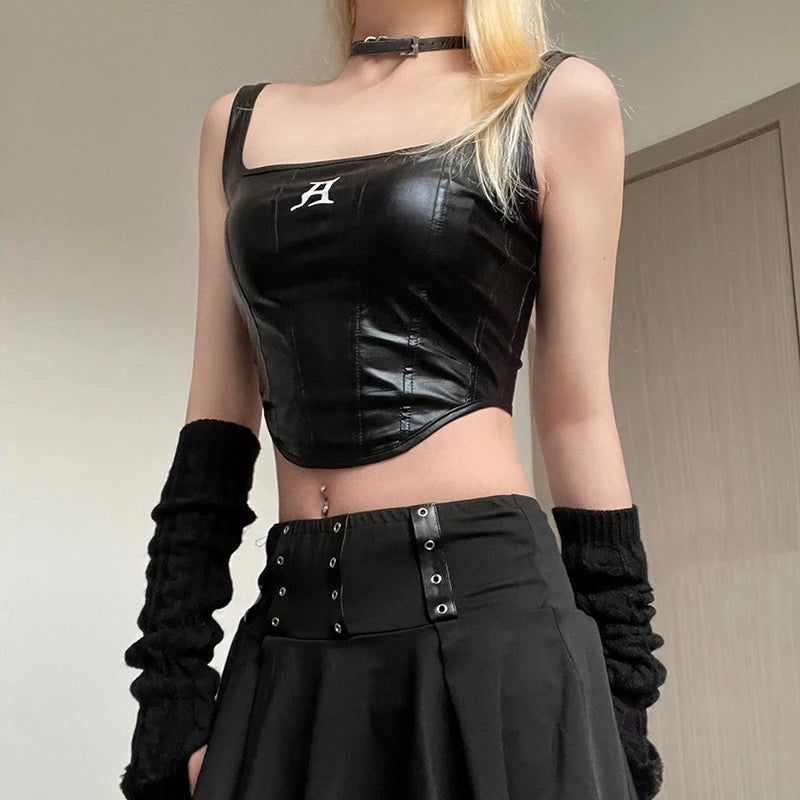 Grunge-Inspired Faux Leather Crop Corset Top for Y2K Fashion Lovers