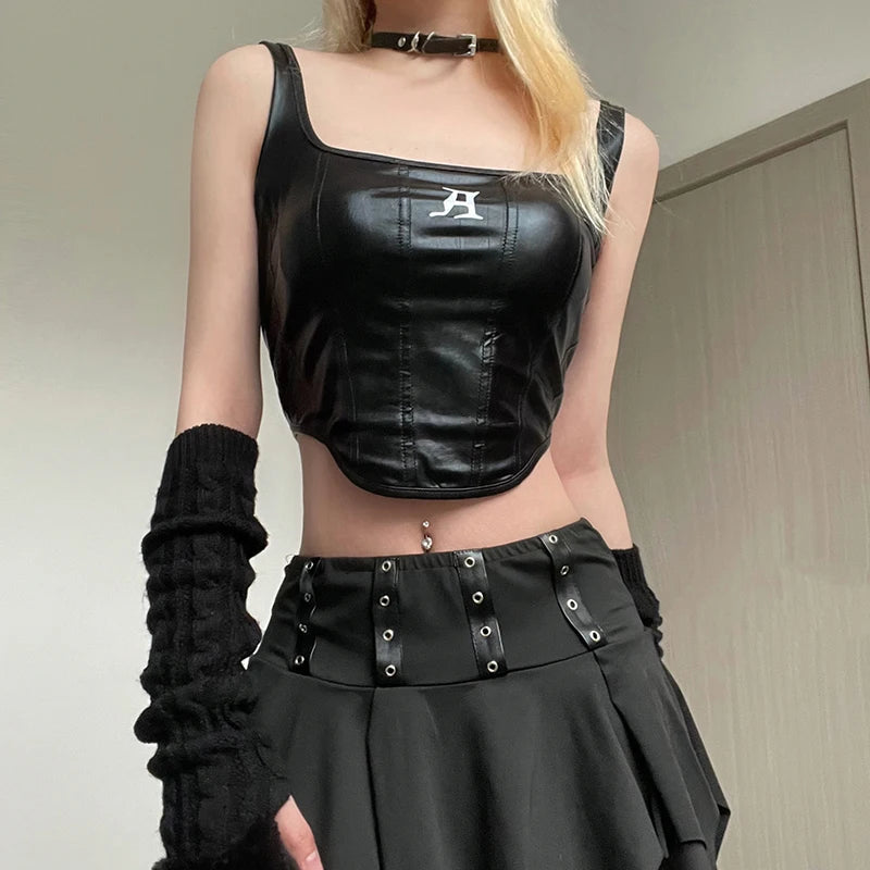 Grunge-Inspired Faux Leather Crop Corset Top for Y2K Fashion Lovers