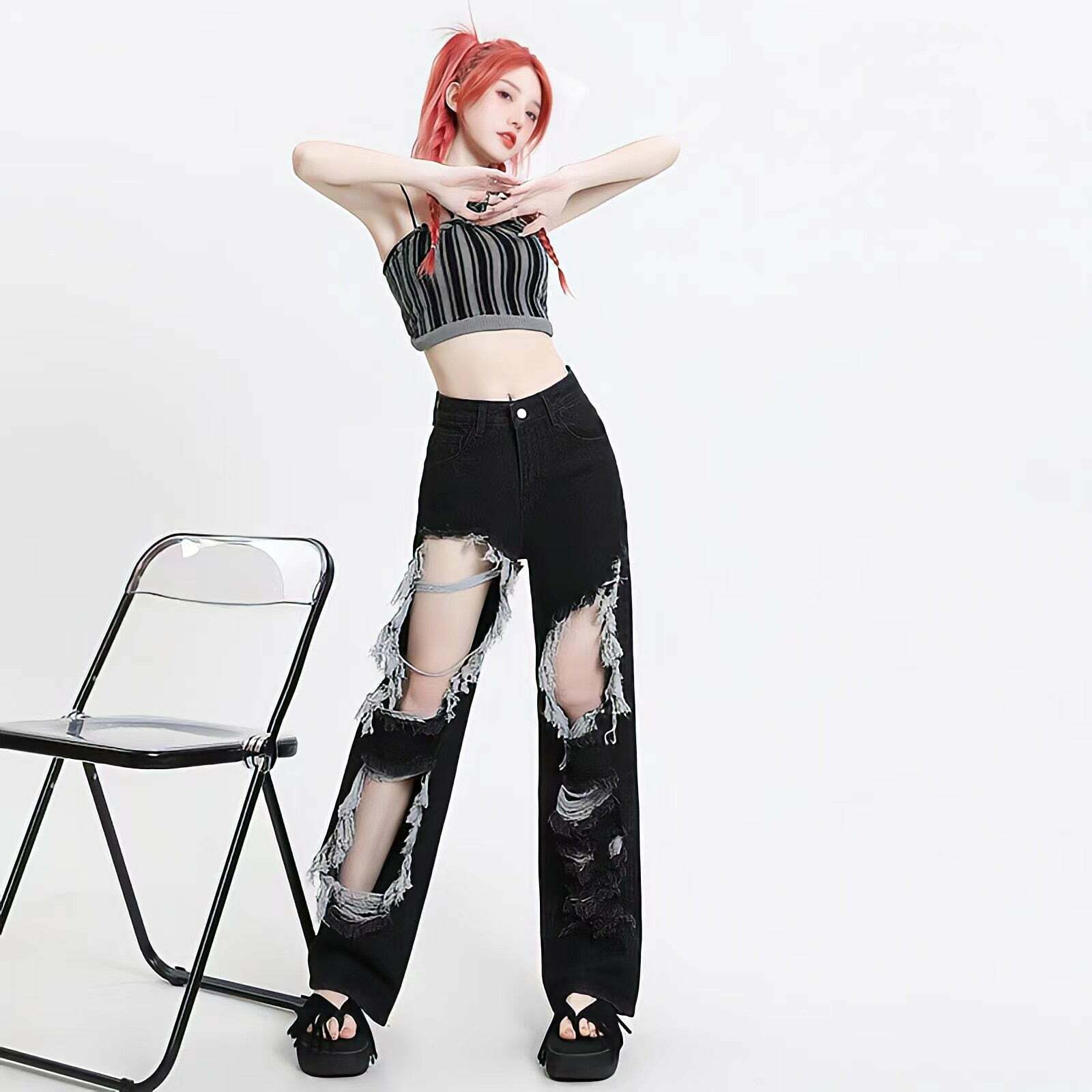 Grunge-Inspired Ripped Wide Leg Jeans for Y2K Fashion Lovers