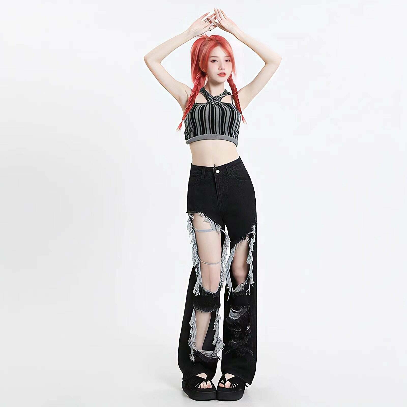 Grunge-Inspired Ripped Wide Leg Jeans for Y2K Fashion Lovers