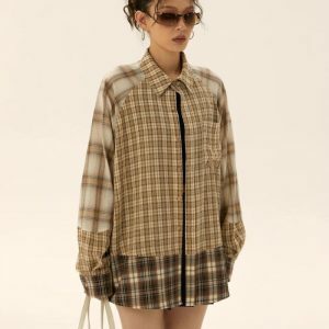 Grunge Multi-Pattern Plaid Shirt: Y2K Aesthetic for Effortless Style