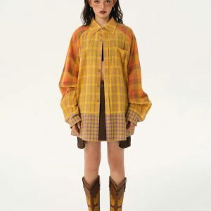 Grunge Multi-Pattern Plaid Shirt: Y2K Aesthetic for Effortless Style