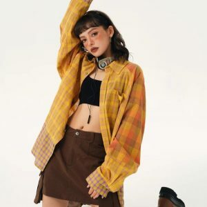 Grunge Multi-Pattern Plaid Shirt: Y2K Aesthetic for Effortless Style