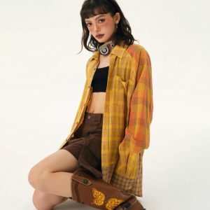 Grunge Multi-Pattern Plaid Shirt: Y2K Aesthetic for Effortless Style