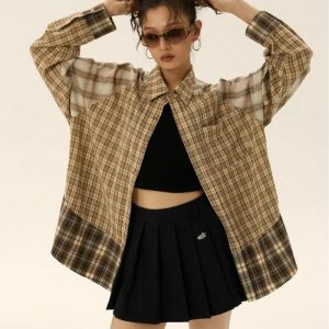 Grunge Multi-Pattern Plaid Shirt: Y2K Aesthetic for Effortless Style