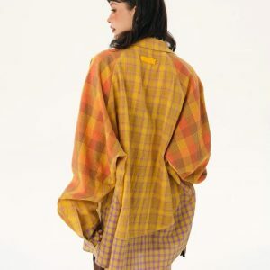 Grunge Multi-Pattern Plaid Shirt: Y2K Aesthetic for Effortless Style