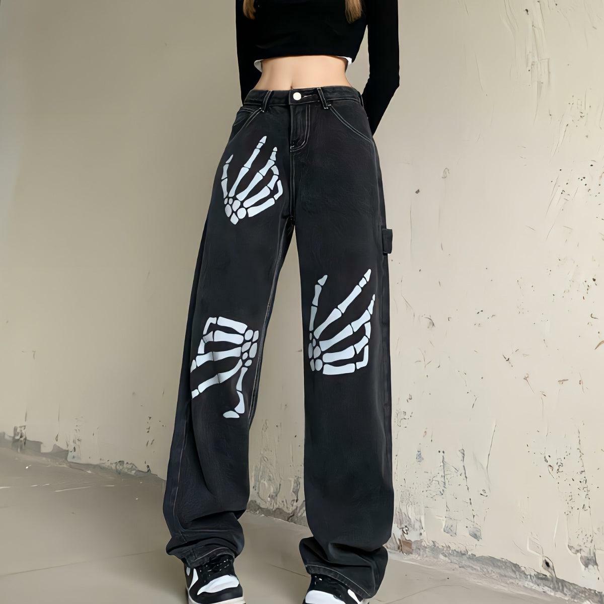 Grunge Skeleton Hand Printed Baggy Jeans for Y2K Fashion Lovers