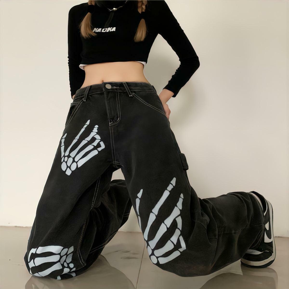 Grunge Skeleton Hand Printed Baggy Jeans for Y2K Fashion Lovers