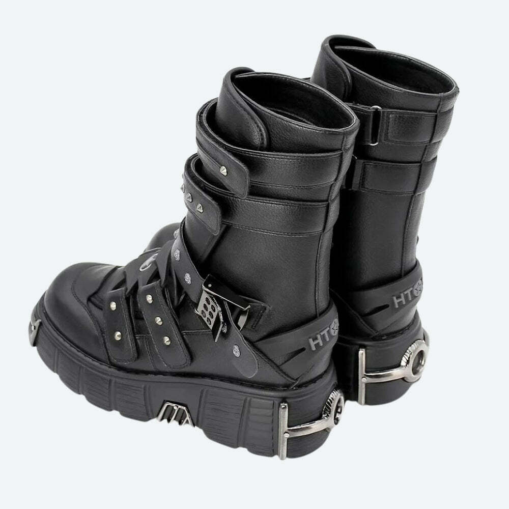 Grunge Y2K Chunky Platform Boots with Velcro Straps for Bold Style